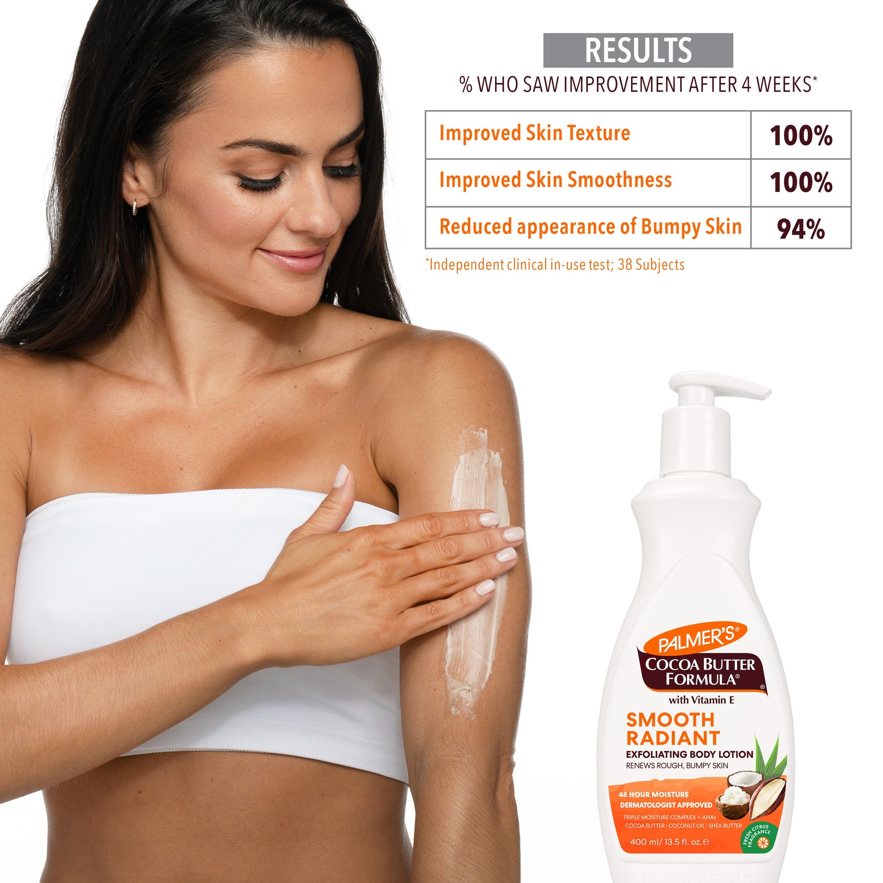 Woman applying Smooth & Radiant Exfoliating Body Lotion.