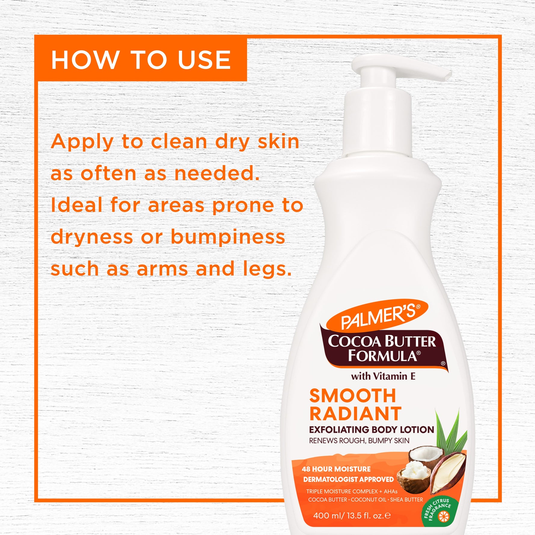 Palmer's Smooth & Radiant Exfoliating Body Lotion bottle with usage instructions.