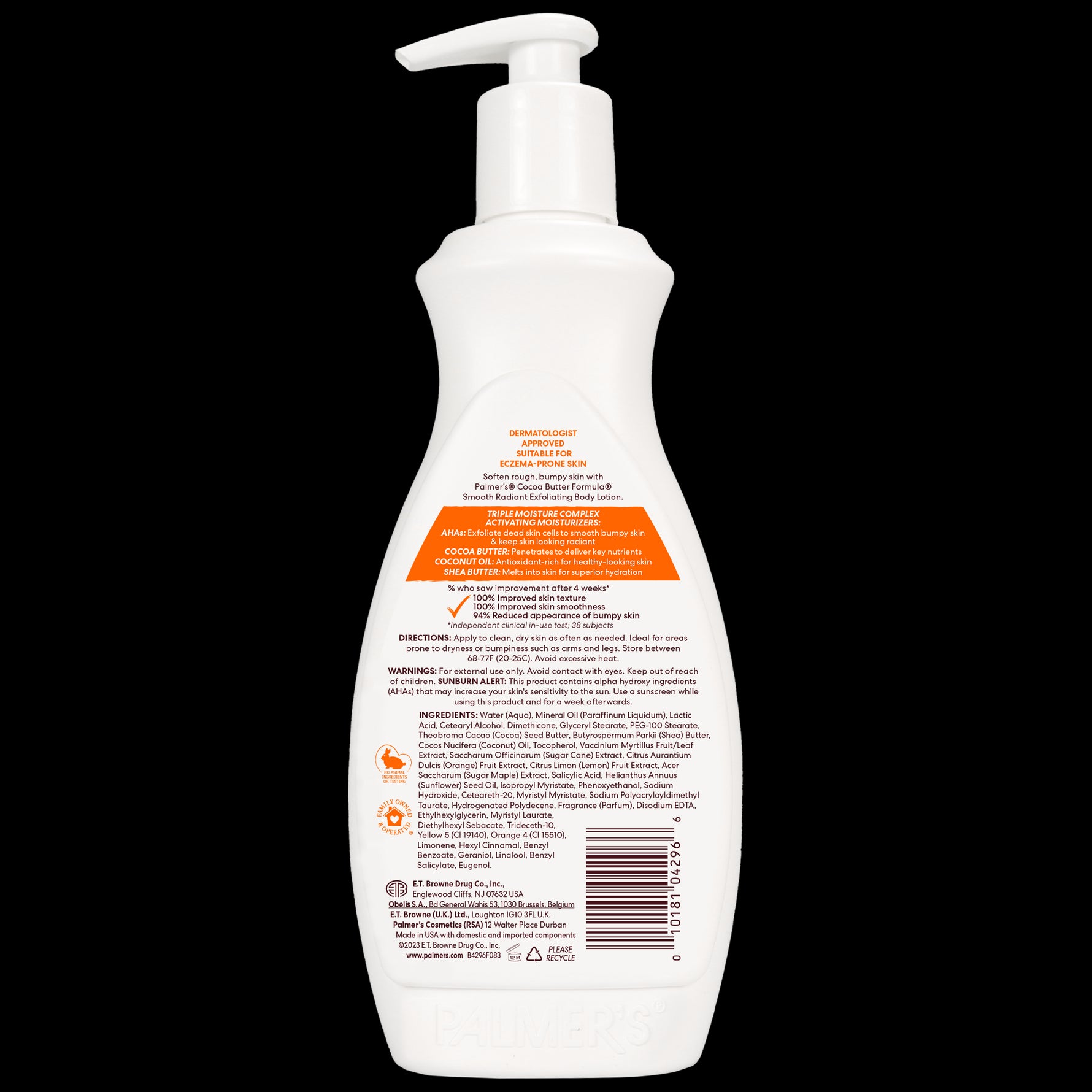 Back of Palmer’s Smooth & Radiant Exfoliating Body Lotion bottle.