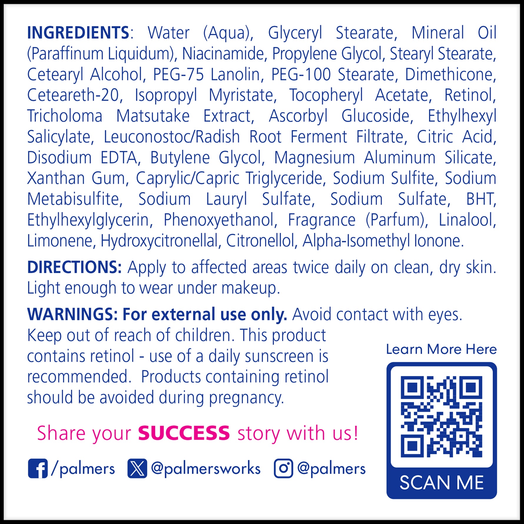 Palmer's Anti-Dark Spot Fade Cream label with ingredients and usage details.