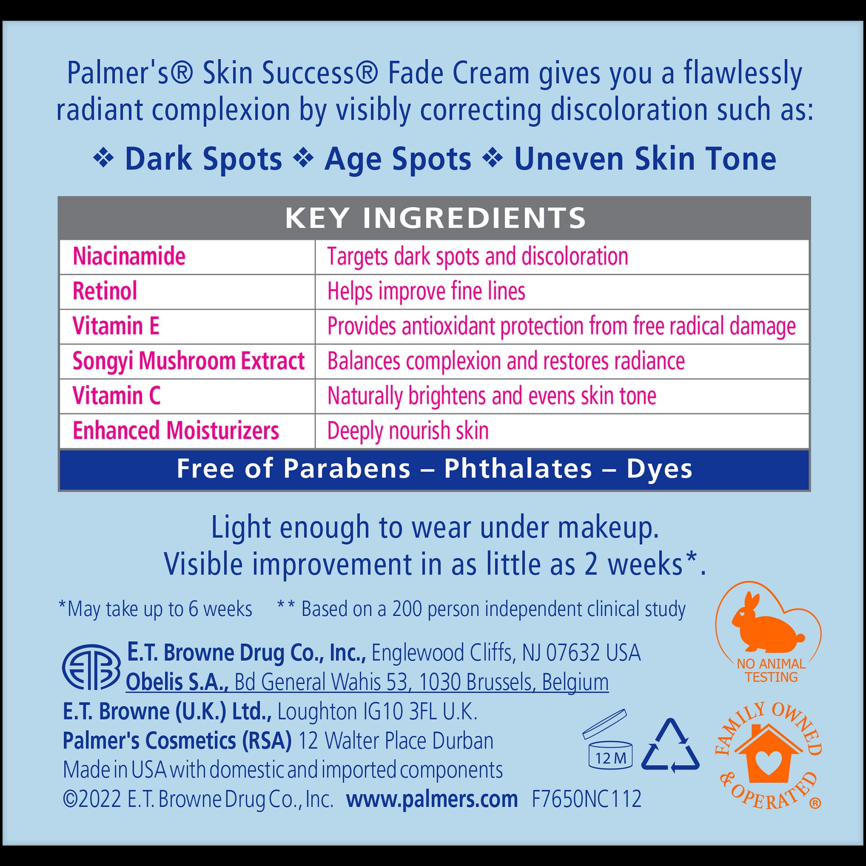 Anti-Dark Spot Fade Cream label detailing ingredients and usage claims.