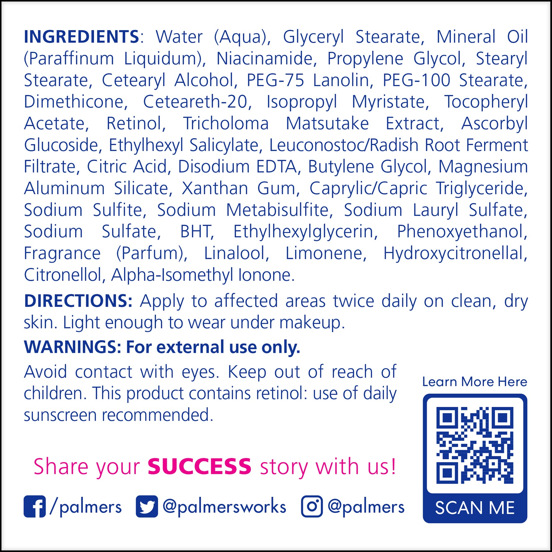 Palmer's Anti-Dark Spot Fade Cream back label with instructions and ingredients.