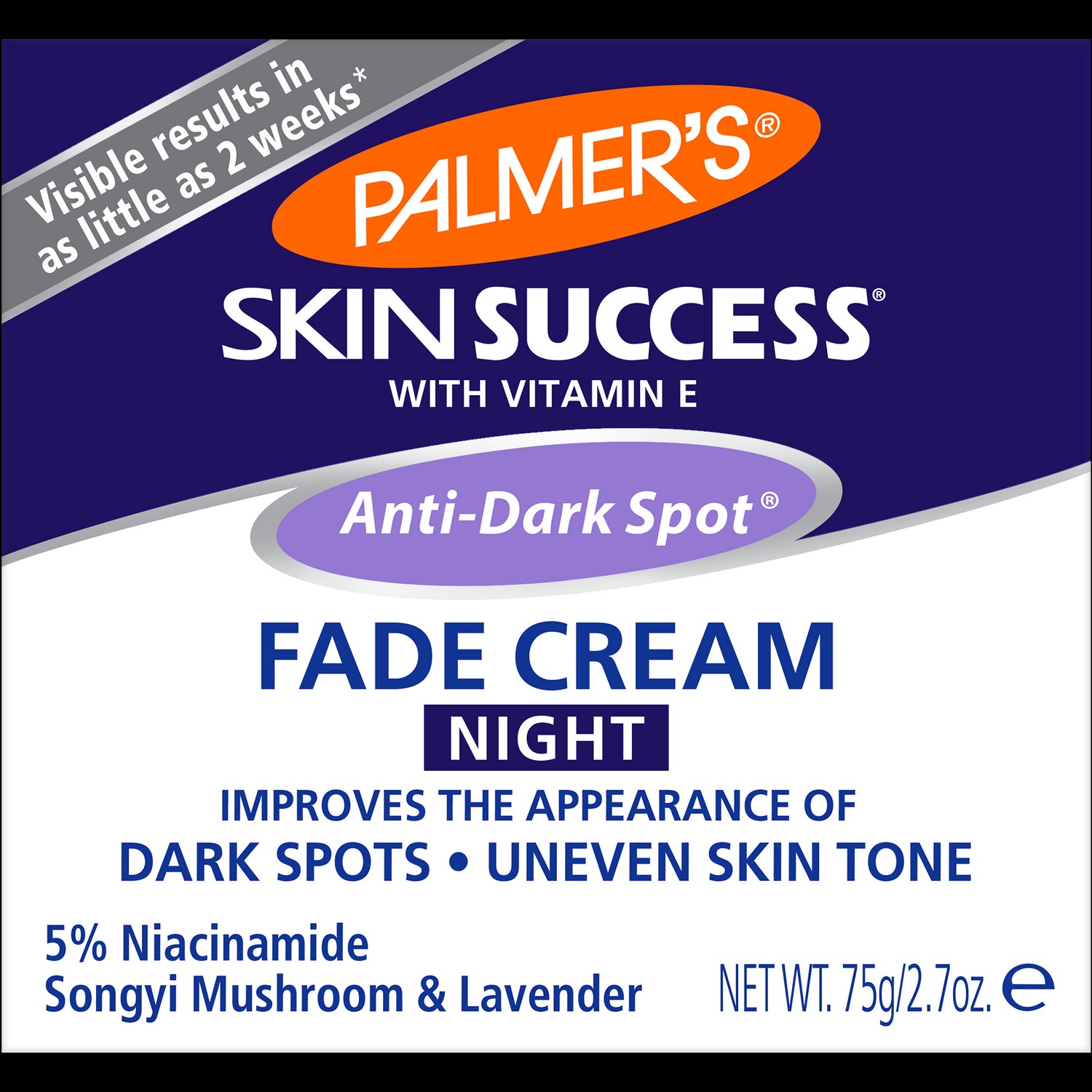 Anti-Dark Spot Night Fade Cream front label with key details.