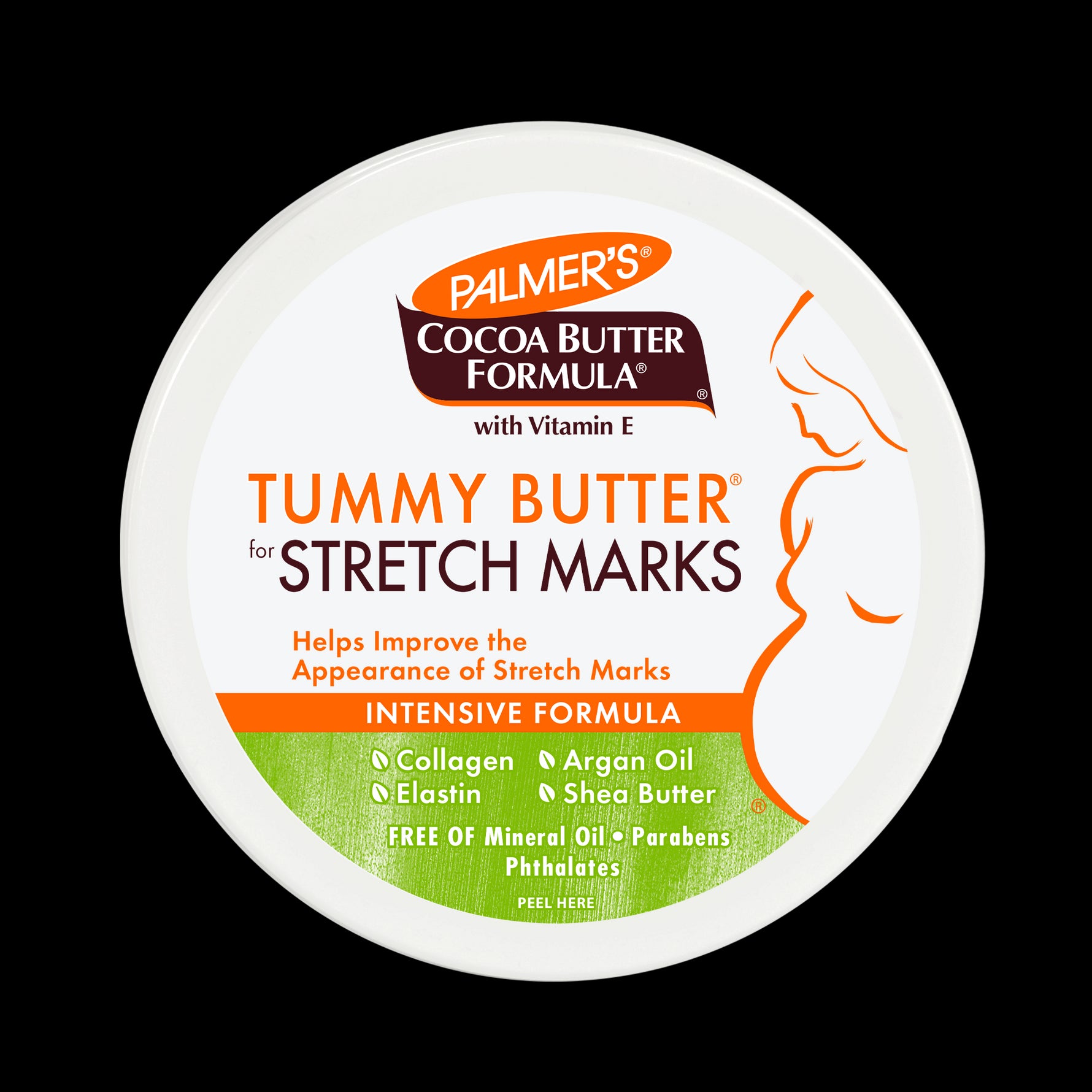 Complete Pregnancy Stretch Mark Care Kit lid with ingredients and belly silhouette.