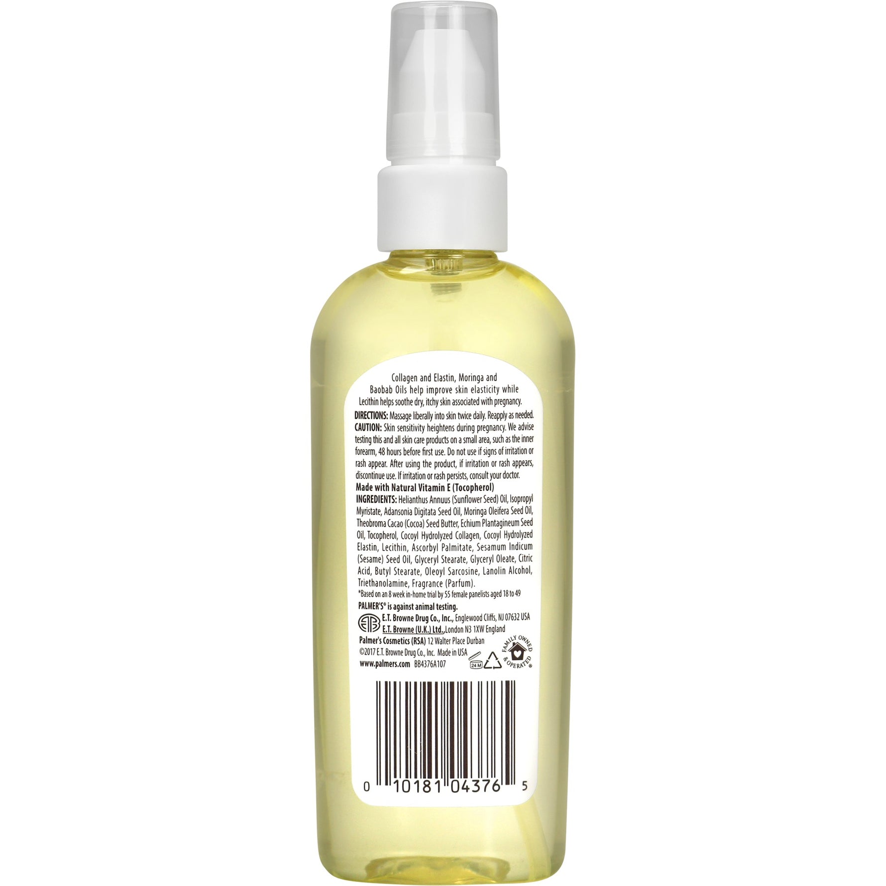 Massage Oil for Stretch Marks in clear pump bottle.