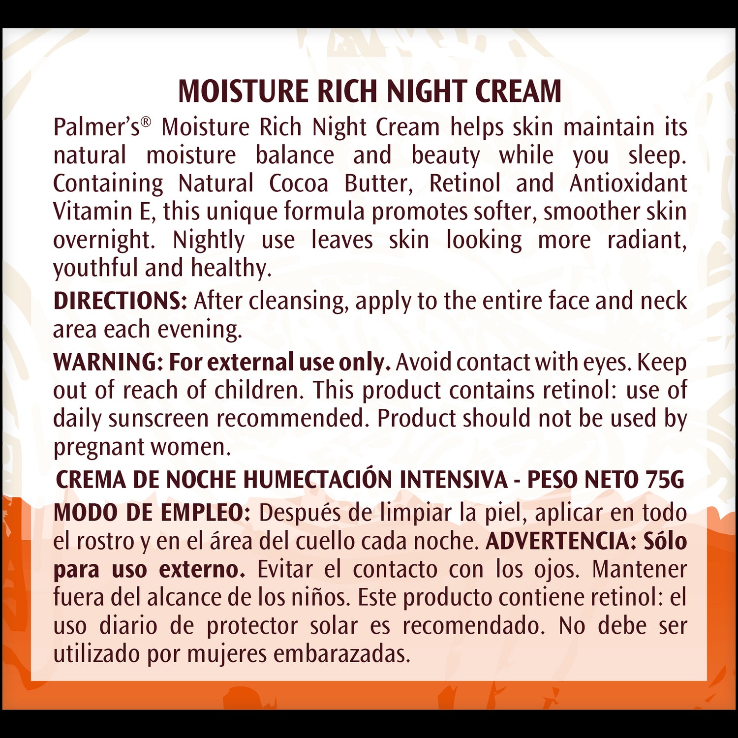Moisture Rich Night Cream label detailing ingredients and usage instructions.