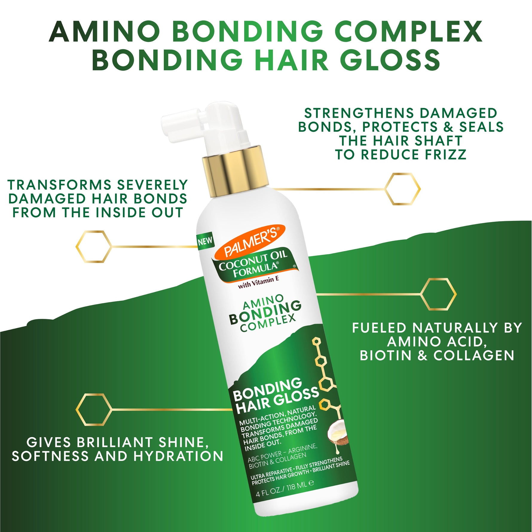 Palmer’s Amino Bonding Complex Hair Gloss spray bottle with benefits highlighted.