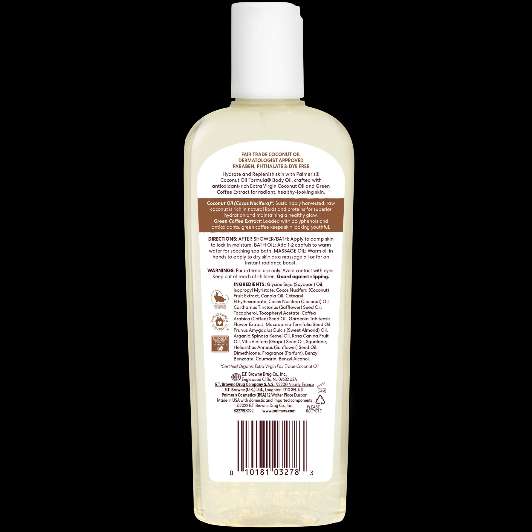 Back of Palmer’s Coconut Hydrate Body Oil bottle with label details.