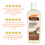 Palmer’s Coconut Hydrate Body Oil with Vitamin E bottle and testimonials.