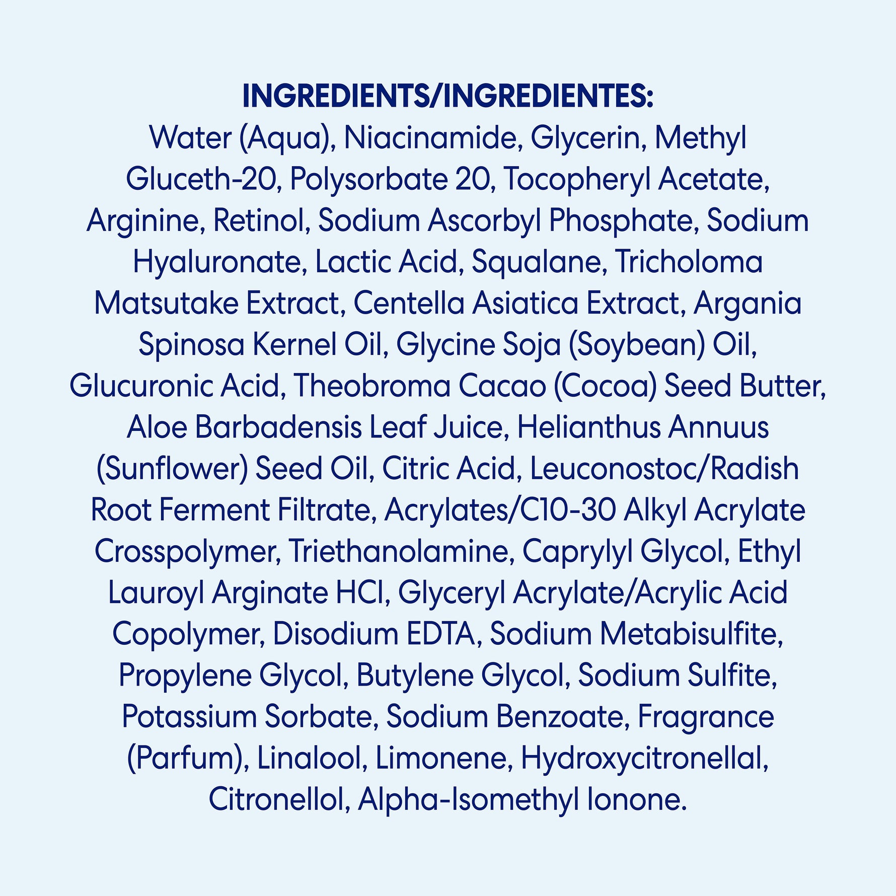 Anti-Dark Spot Extra Strength Tone Correcting Serum ingredient list in English and Spanish.