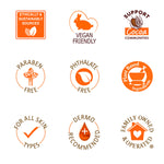 Daily Skin Therapy Cocoa Butter Body Lotion attribute icons, including vegan-friendly and paraben-free.