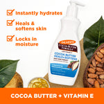 Daily Skin Therapy Cocoa Butter Body Lotion with Vitamin E, surrounded by cocoa and capsules.