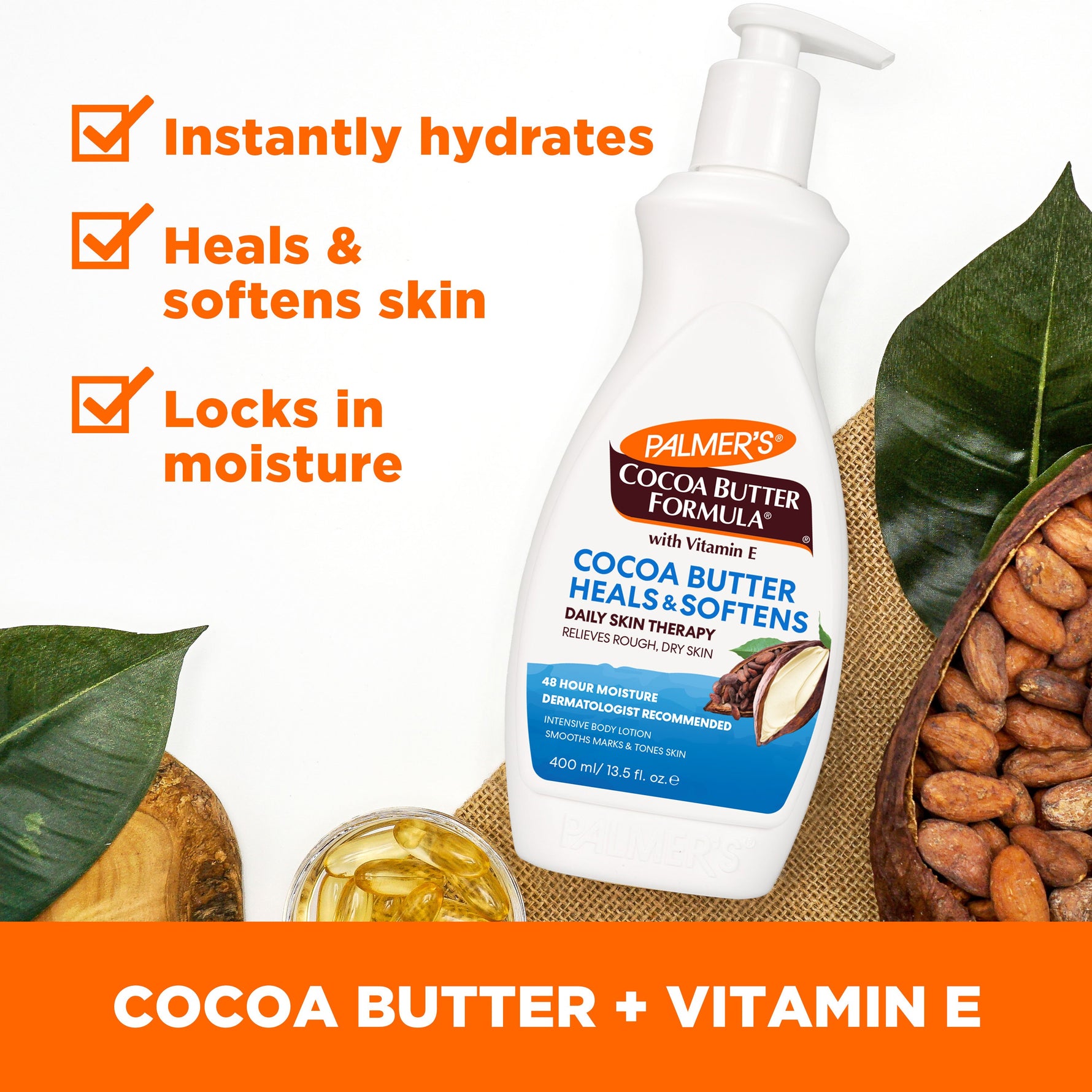 Daily Skin Therapy Cocoa Butter Body Lotion with Vitamin E, surrounded by cocoa and capsules.