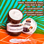 Brazilian Coco Whipped Bum, Bust & Body Cream tubs displayed.
