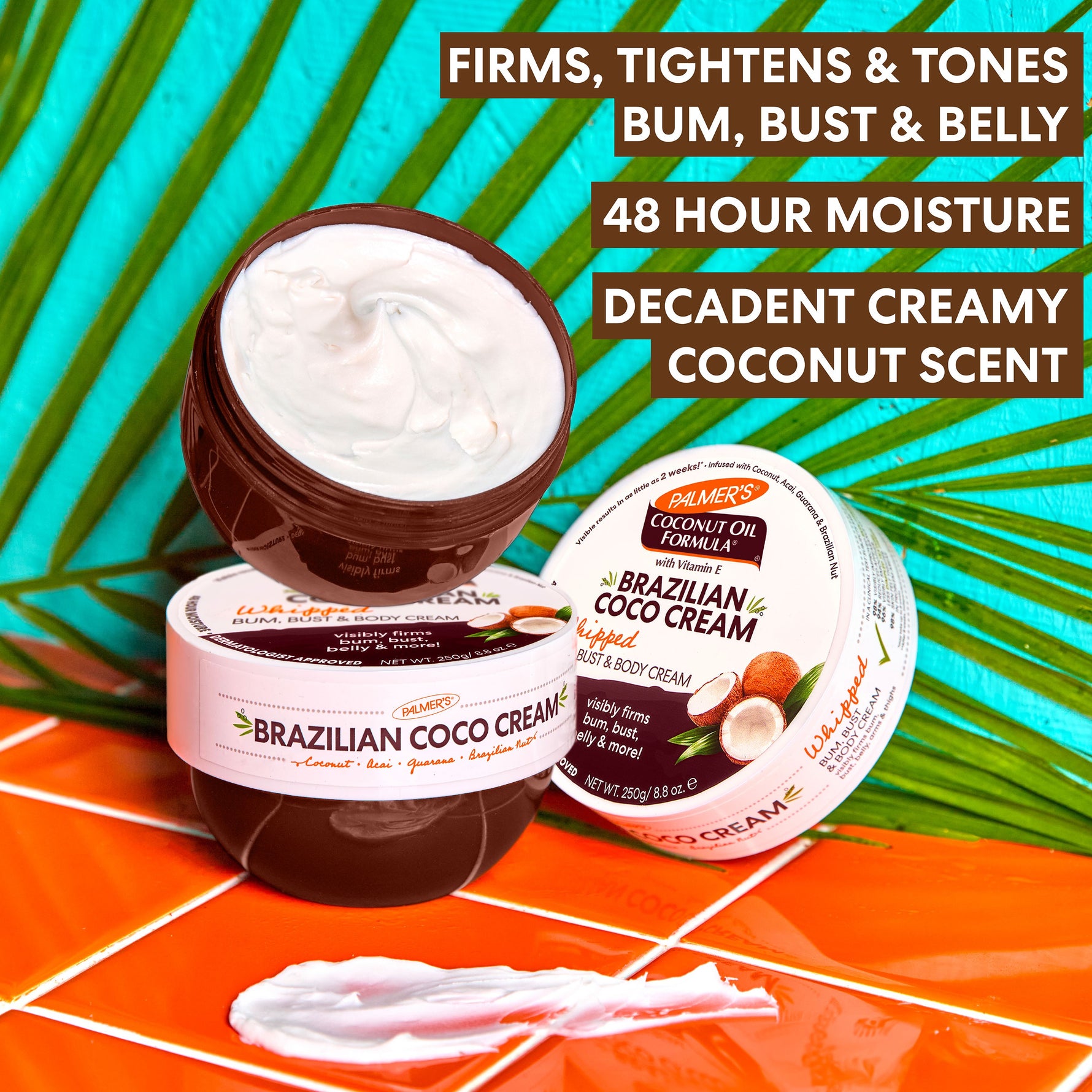 Brazilian Coco Whipped Bum, Bust & Body Cream tubs displayed.