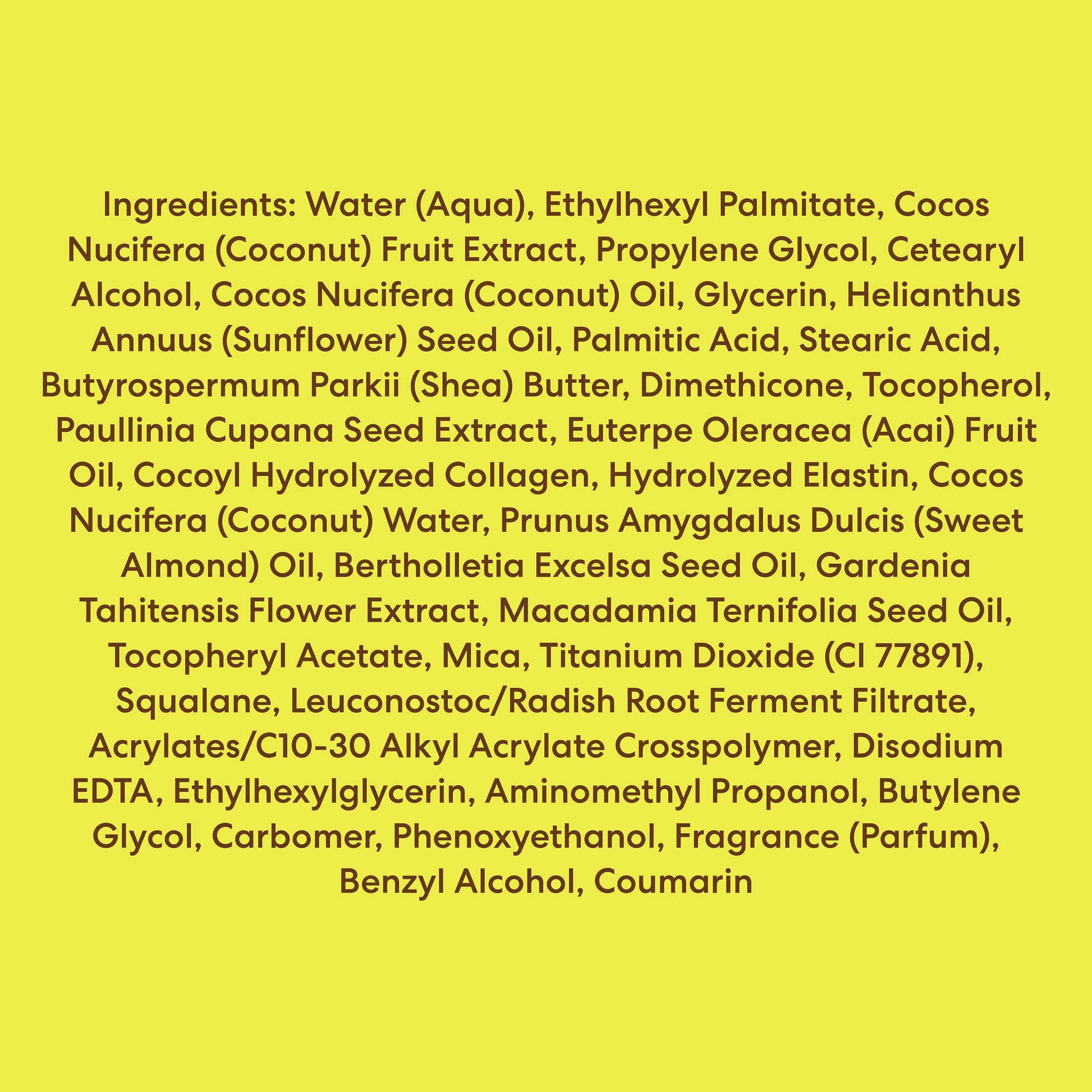 Brazilian Coco Whipped Bum, Bust & Body Cream ingredient list.
