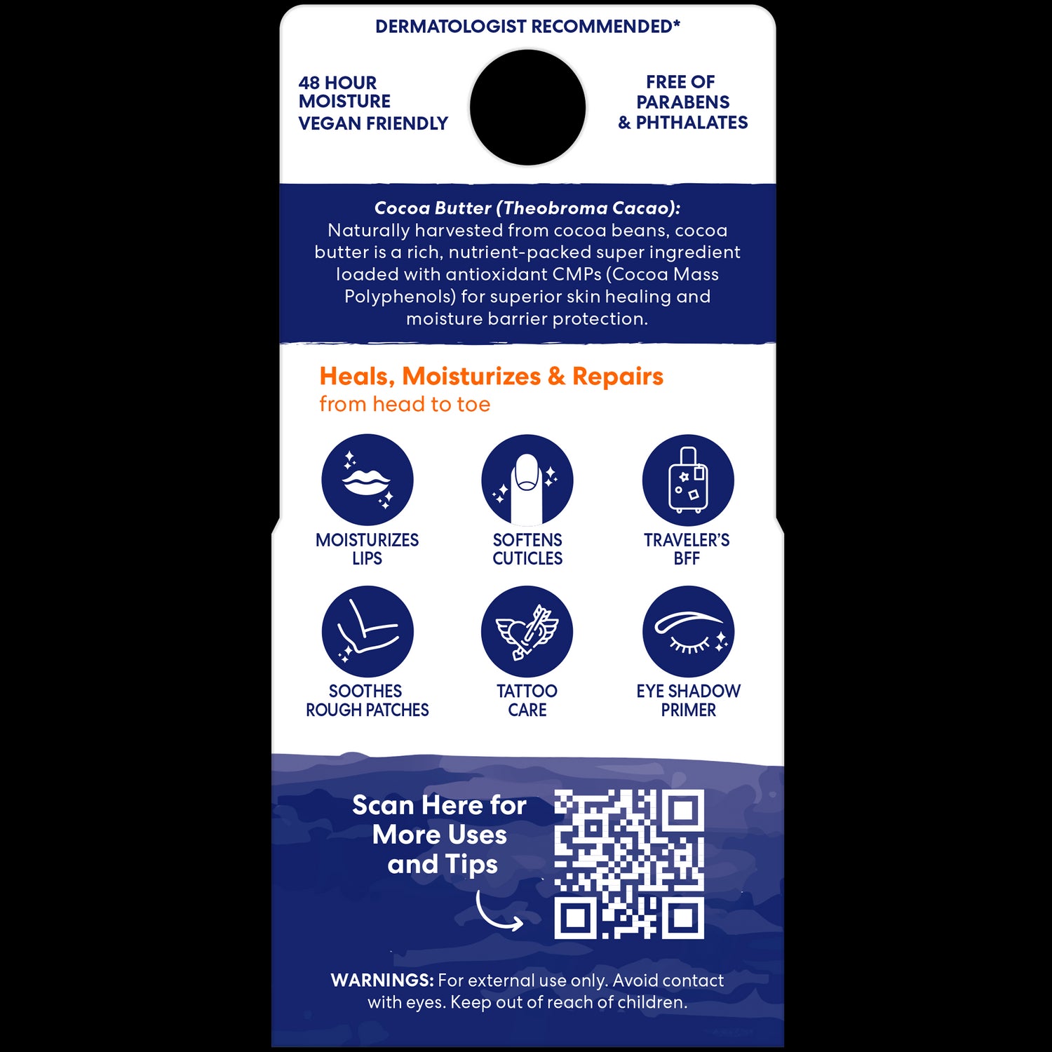 Cocoa Balm back panel detailing dermatologist recommendation, uses, and benefits.