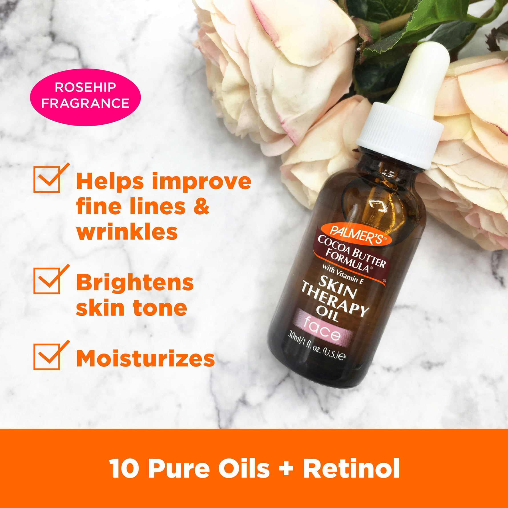 Palmer’s Skin Therapy Face Oil bottle with benefits listed.