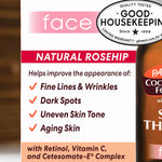 Skin Therapy Face Oil label, highlighting anti-aging benefits and active ingredients.