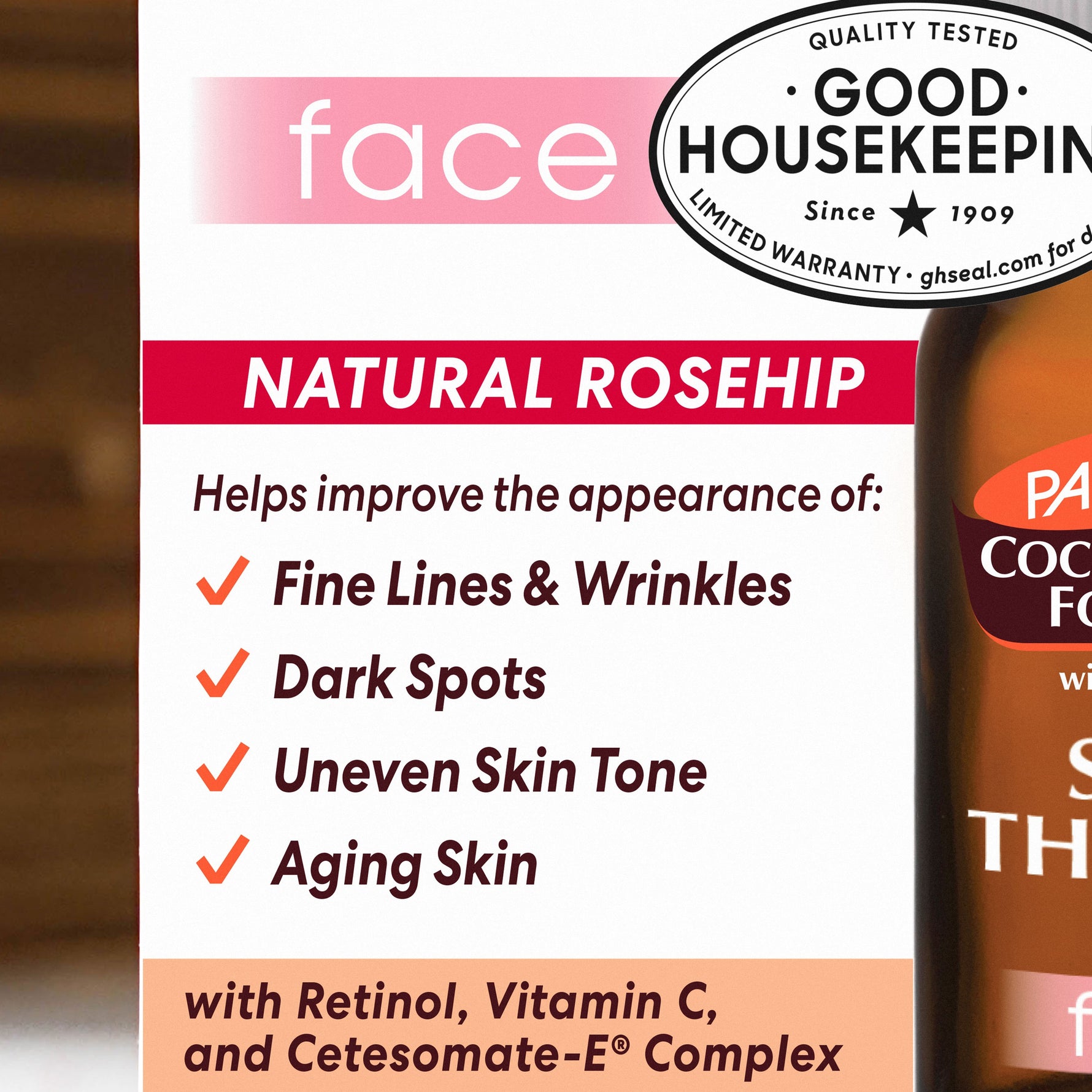 Skin Therapy Face Oil label, highlighting anti-aging benefits and active ingredients.