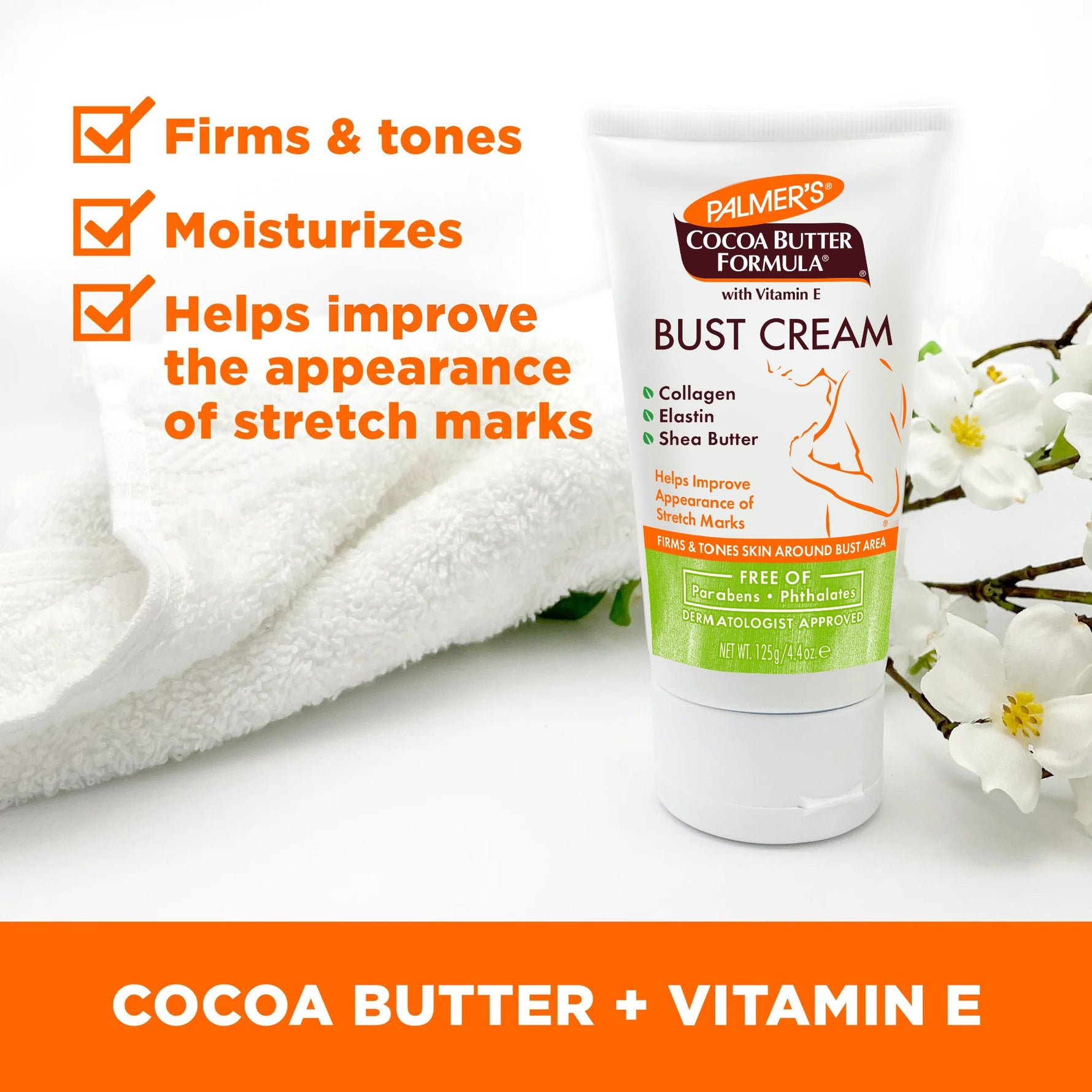 New Moms Post-Pregnancy Skin Recovery Set: Bust Cream tube with benefits displayed.