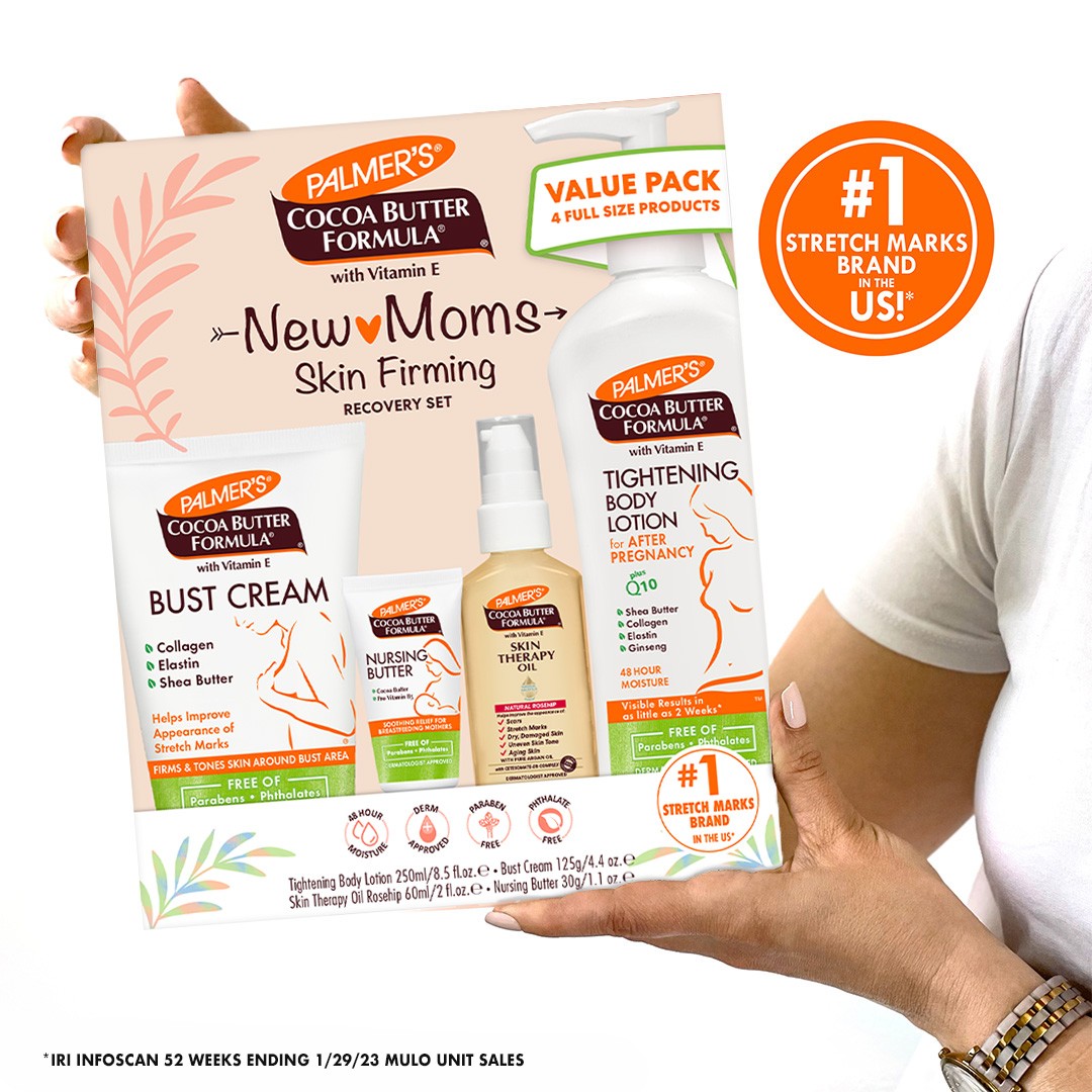 New Moms Post-Pregnancy Skin Recovery Set by Palmer’s, 4 full-size products.