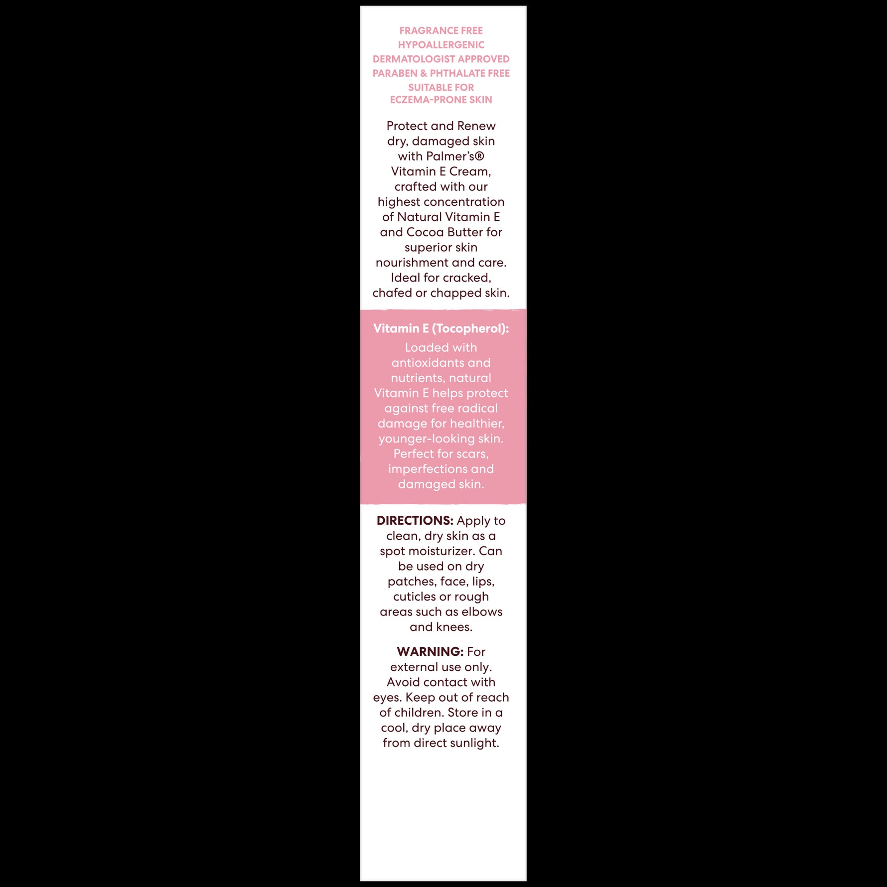 Palmer’s® Vitamin E Concentrated Cream box side-panel text.