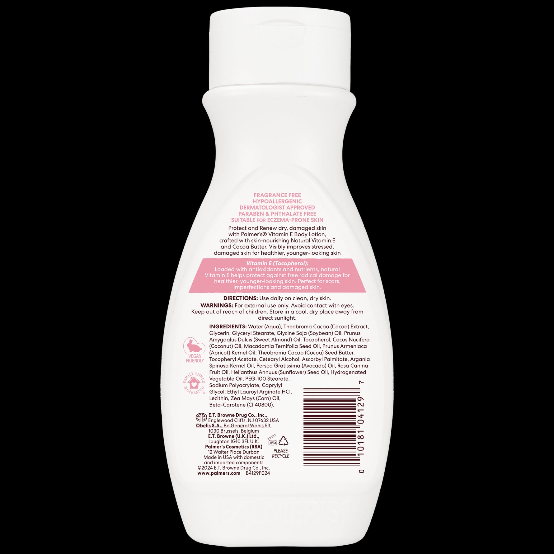 Palmer’s Vitamin E Body Lotion back label details.
