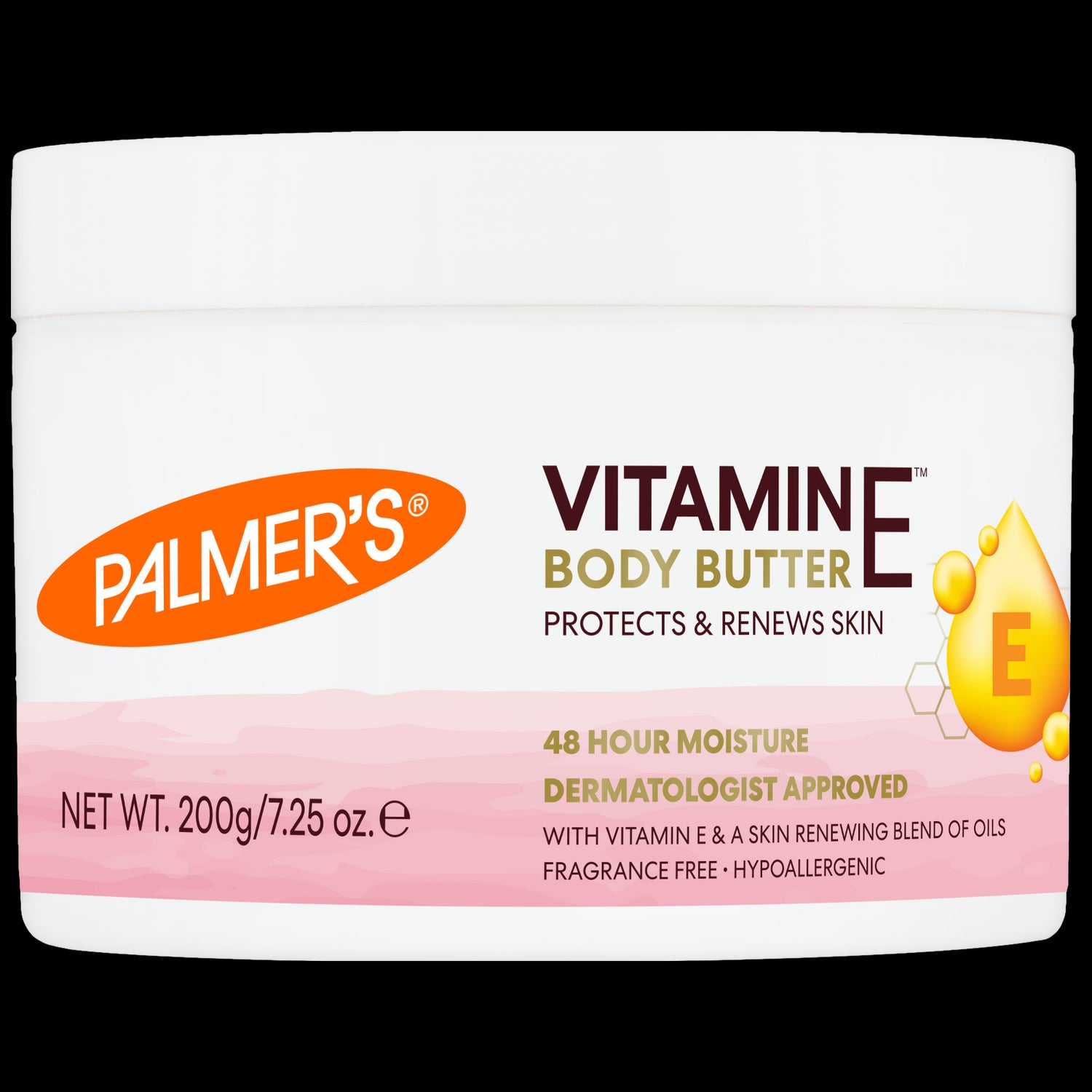 Palmer’s Vitamin E Body Butter tub, 200g, moisturizing skin protectant.