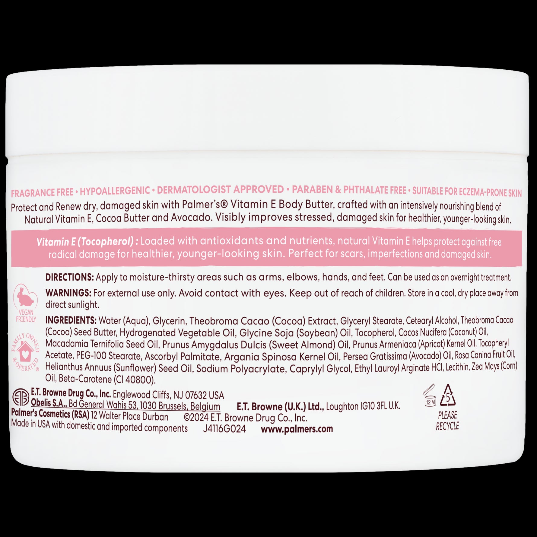 Palmer’s Vitamin E Body Butter label highlighting skin-nourishing benefits.