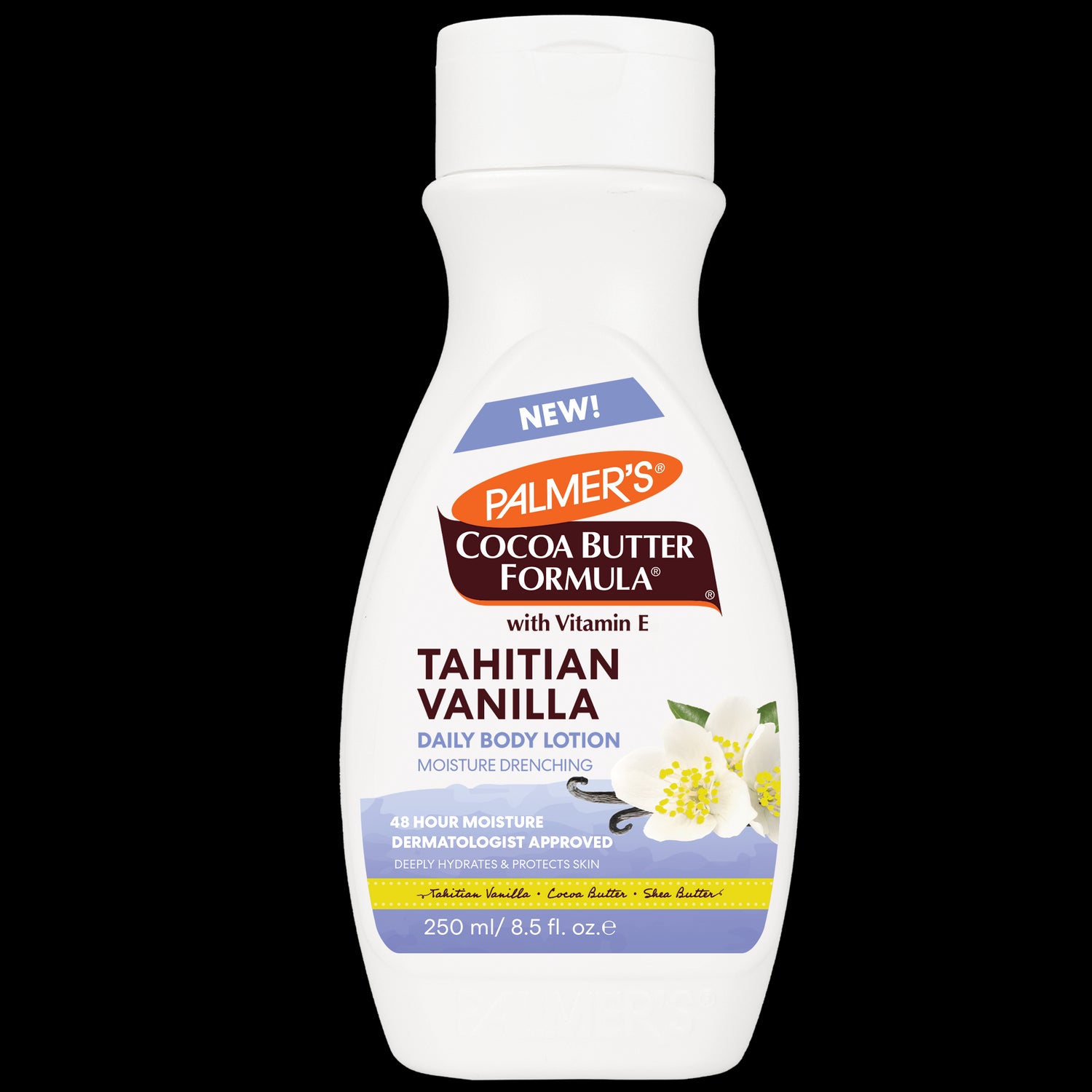 Tahitian Vanilla Moisture Drenching Body Lotion with vanilla blossoms graphic.