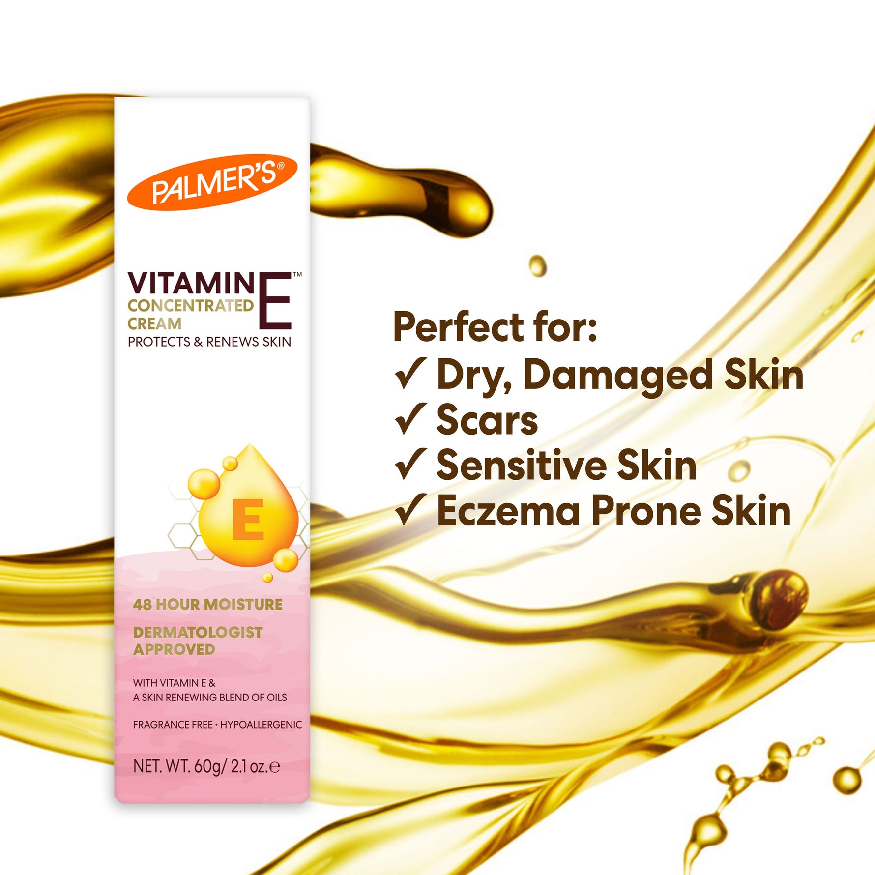 Palmer's Vitamin E Concentrated Cream packaging showing benefits and usage.