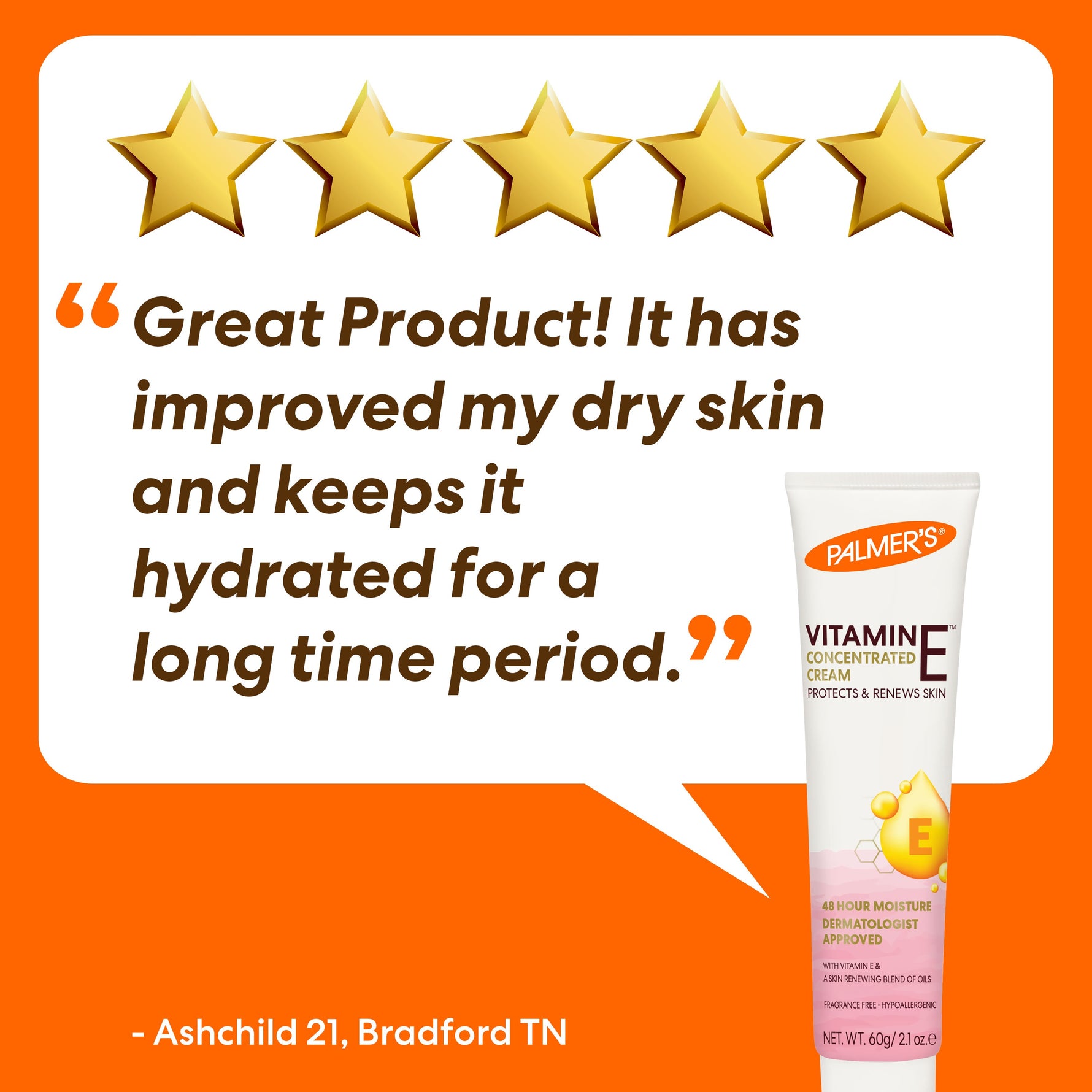 Palmer’s Vitamin E Concentrated Cream tube with customer praise.
