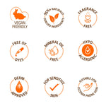 Vegan-friendly, hypoallergenic Vitamin E Body Lotion icons.
