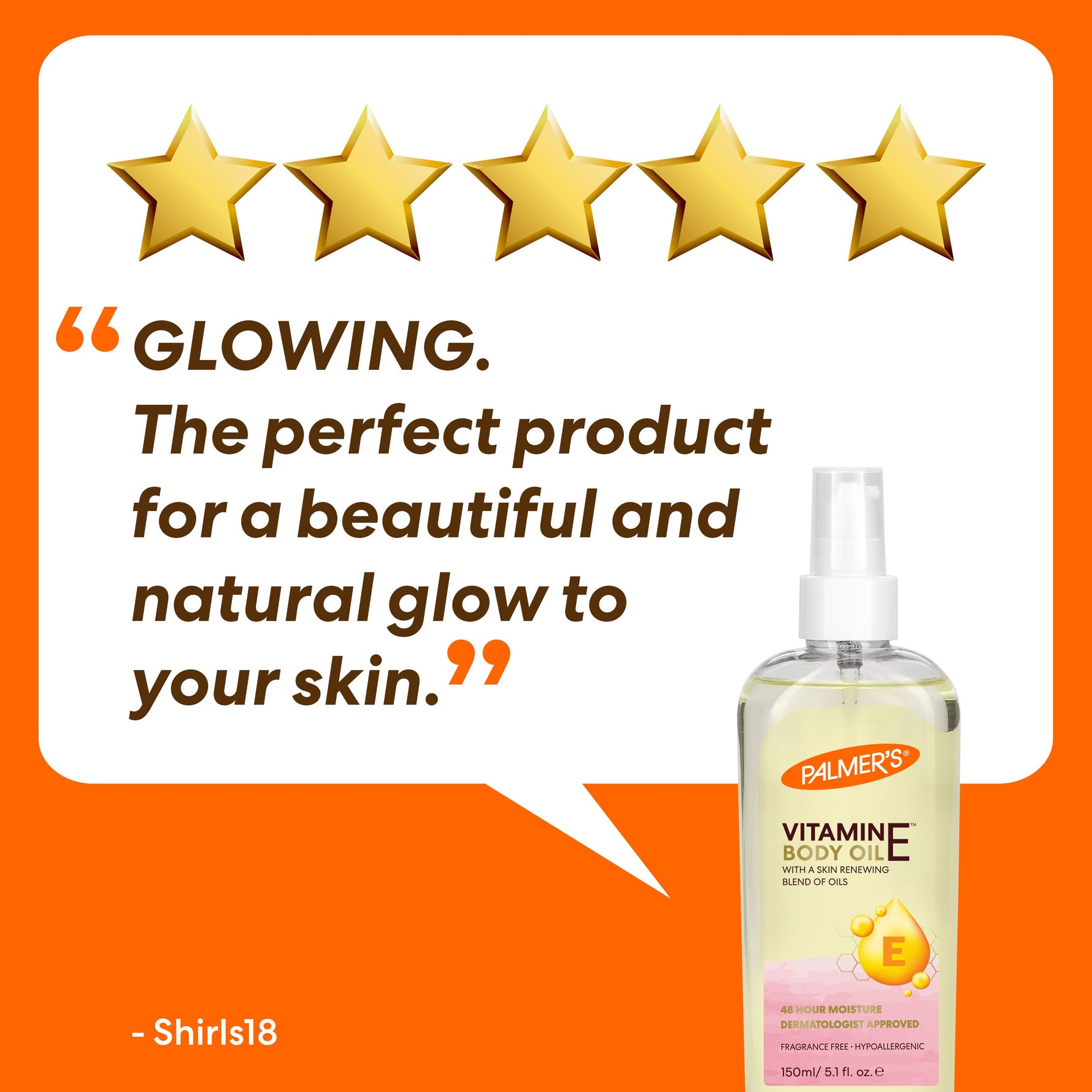 Palmer’s Vitamin E Body Oil with 5-star customer review.