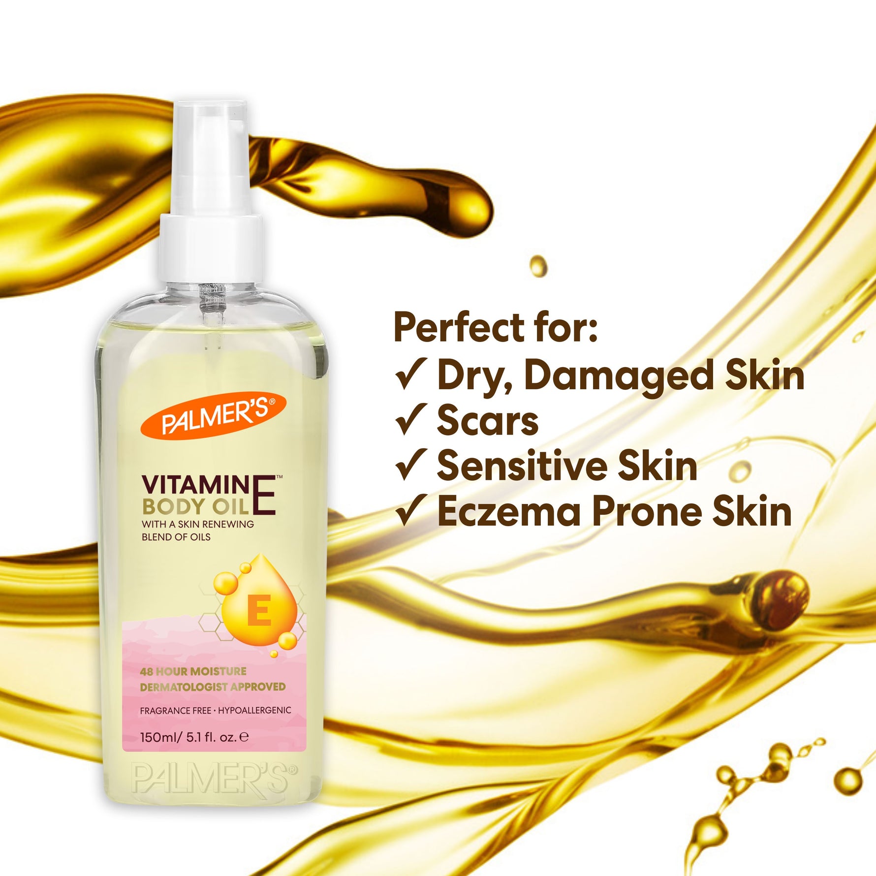 Palmer’s Vitamin E Body Oil pump bottle with moisturizing benefits.
