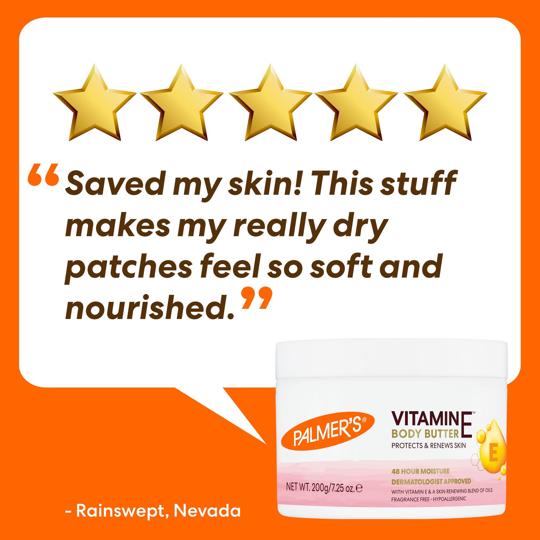 Palmer’s Vitamin E Body Butter with 5-star rating and customer testimonial.