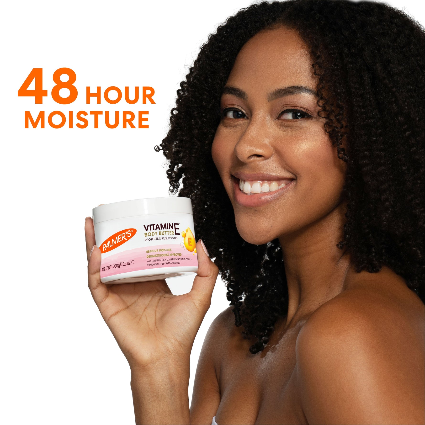 Woman holding Palmer's Vitamin E Body Butter, 48 Hour Moisture text visible.