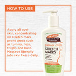 Cocoa Butter Massage Lotion for Pregnancy Stretch Marks bottle and usage guide.