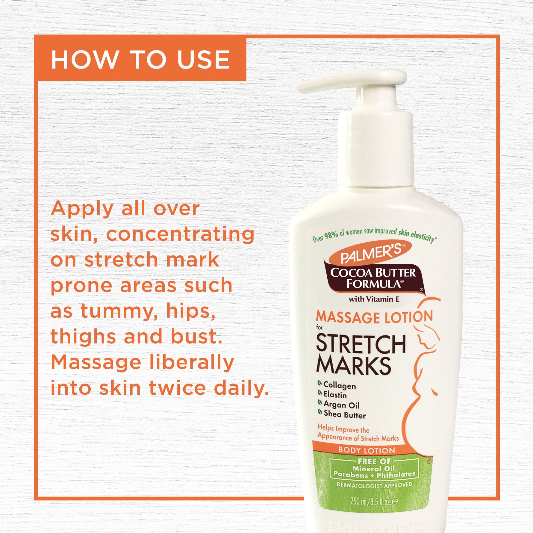 Cocoa Butter Massage Lotion for Pregnancy Stretch Marks bottle and usage guide.