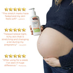 Pregnant woman holding Cocoa Butter Massage Lotion for Pregnancy Stretch Marks.