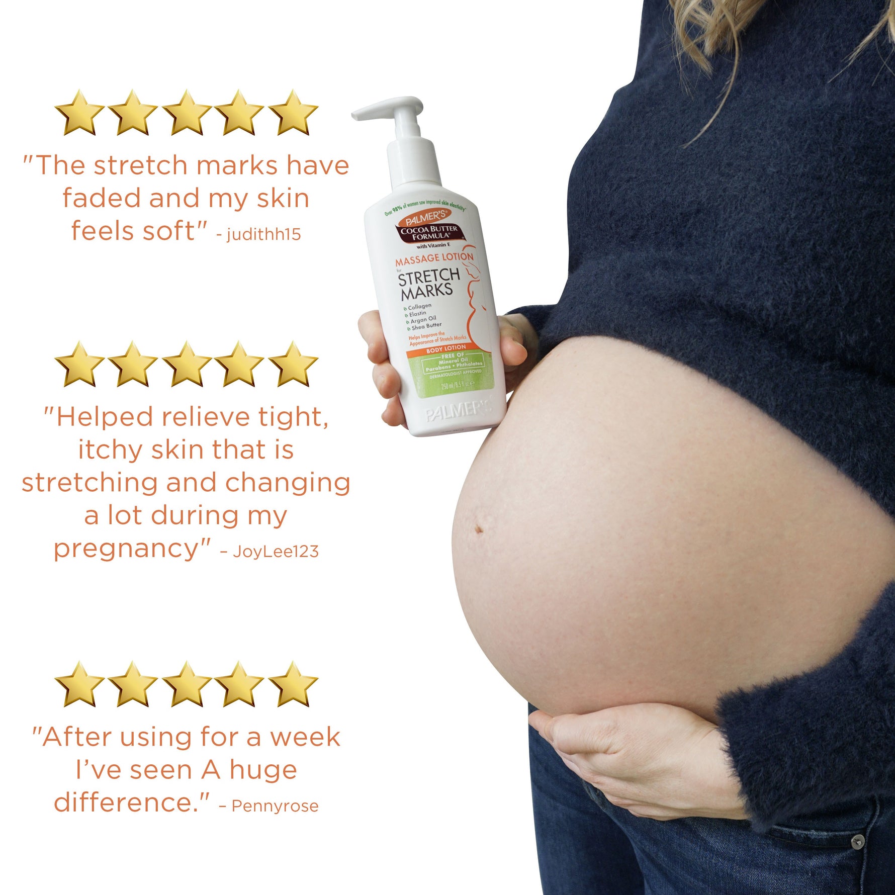 Pregnant woman holding Cocoa Butter Massage Lotion for Pregnancy Stretch Marks.