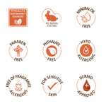 Cocoa Butter Massage Lotion badges: Ethical, Fragrance-Free, Hypoallergenic, No Animal Testing.
