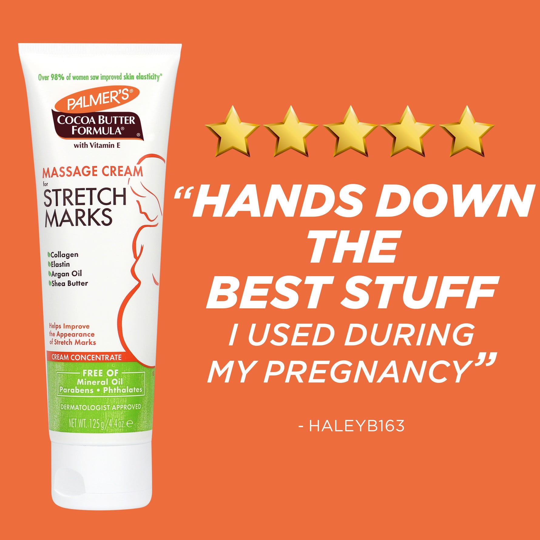 Palmer’s Cocoa Butter Massage Cream for Stretch Marks tube and testimonial.