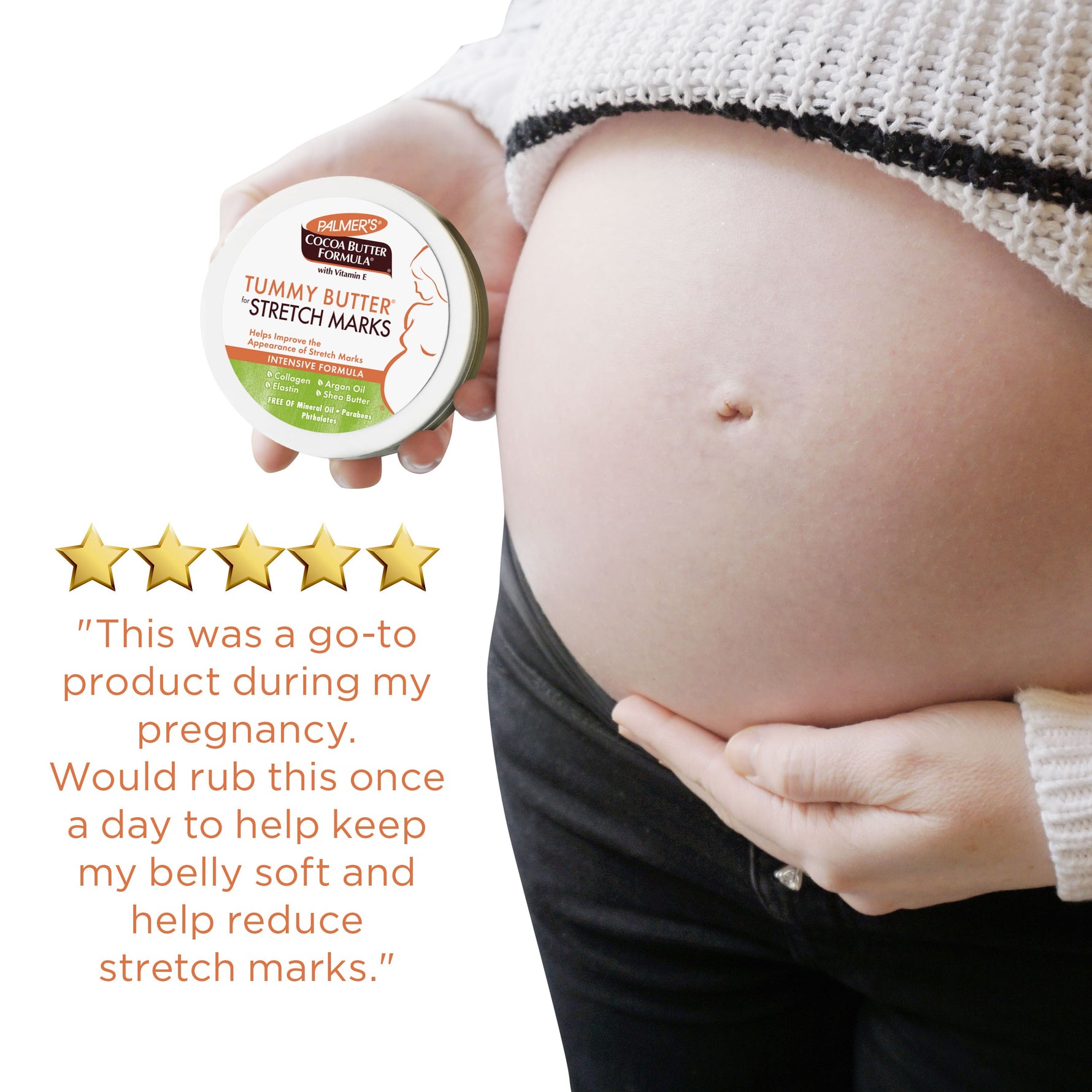 Pregnant belly with Palmer's Cocoa Butter Tummy Butter for Stretch Marks.