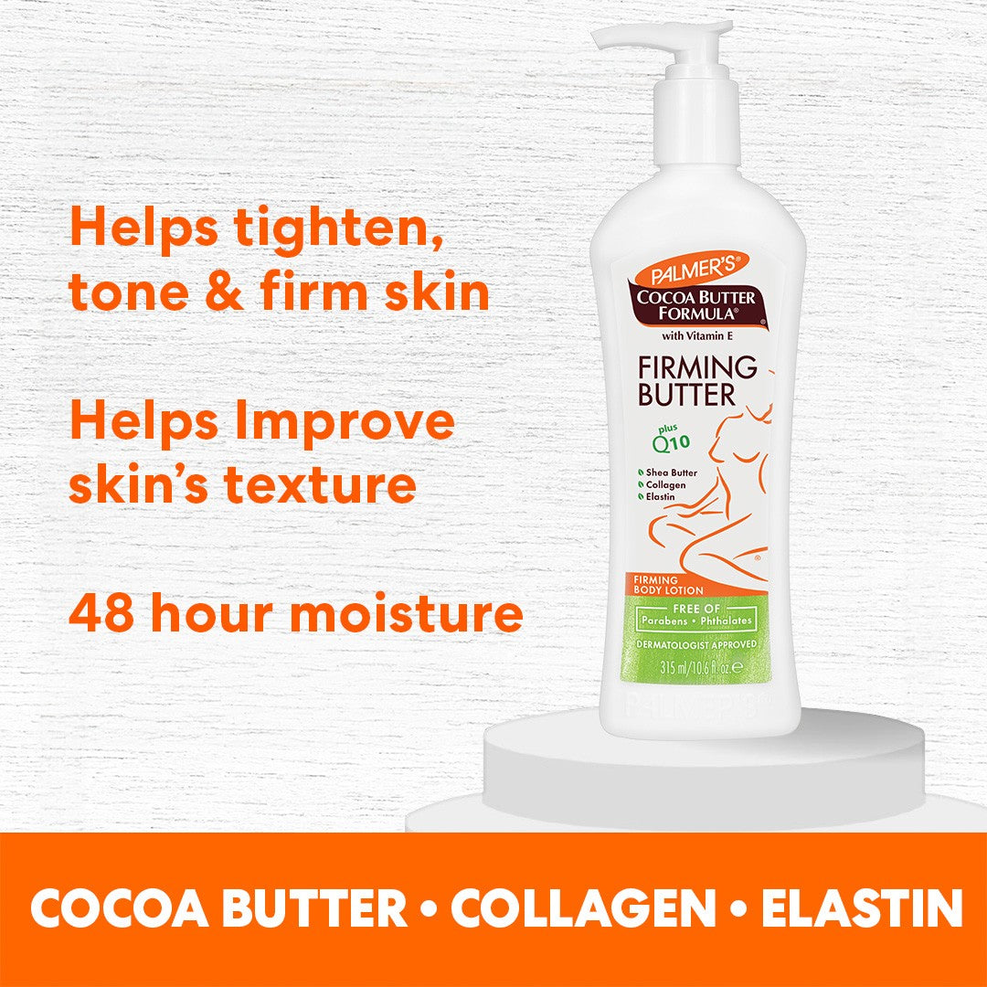 Palmer’s Cocoa Butter Firming Butter bottle with skin firming claims.