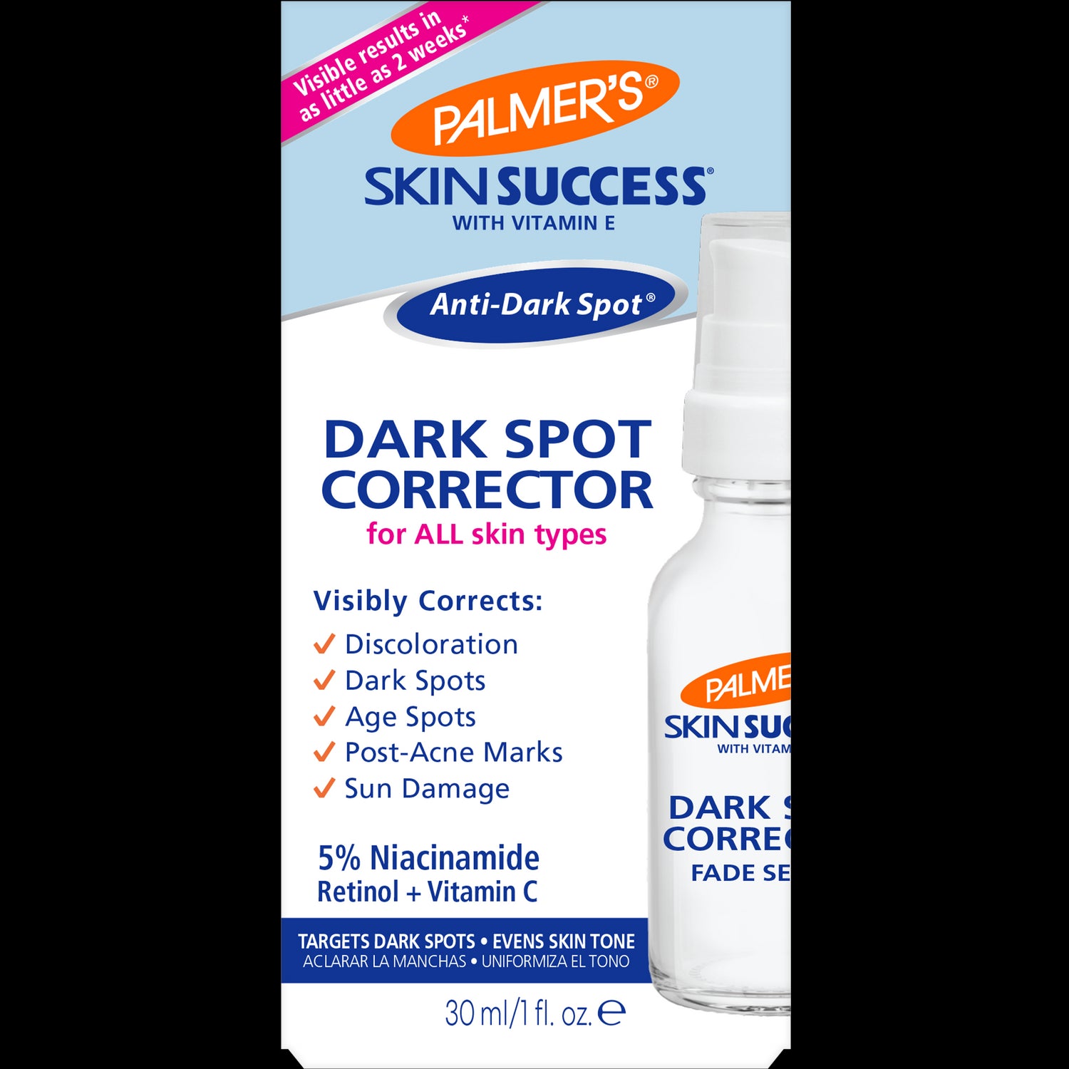 Palmer's Skin Success® Dark Spot Corrector packaging with key benefits.