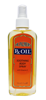 Dr. Palmer's® Rx Oil soothing body spray bottle with white nozzle.