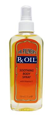 Dr. Palmer's® Rx Oil soothing body spray bottle with white nozzle.