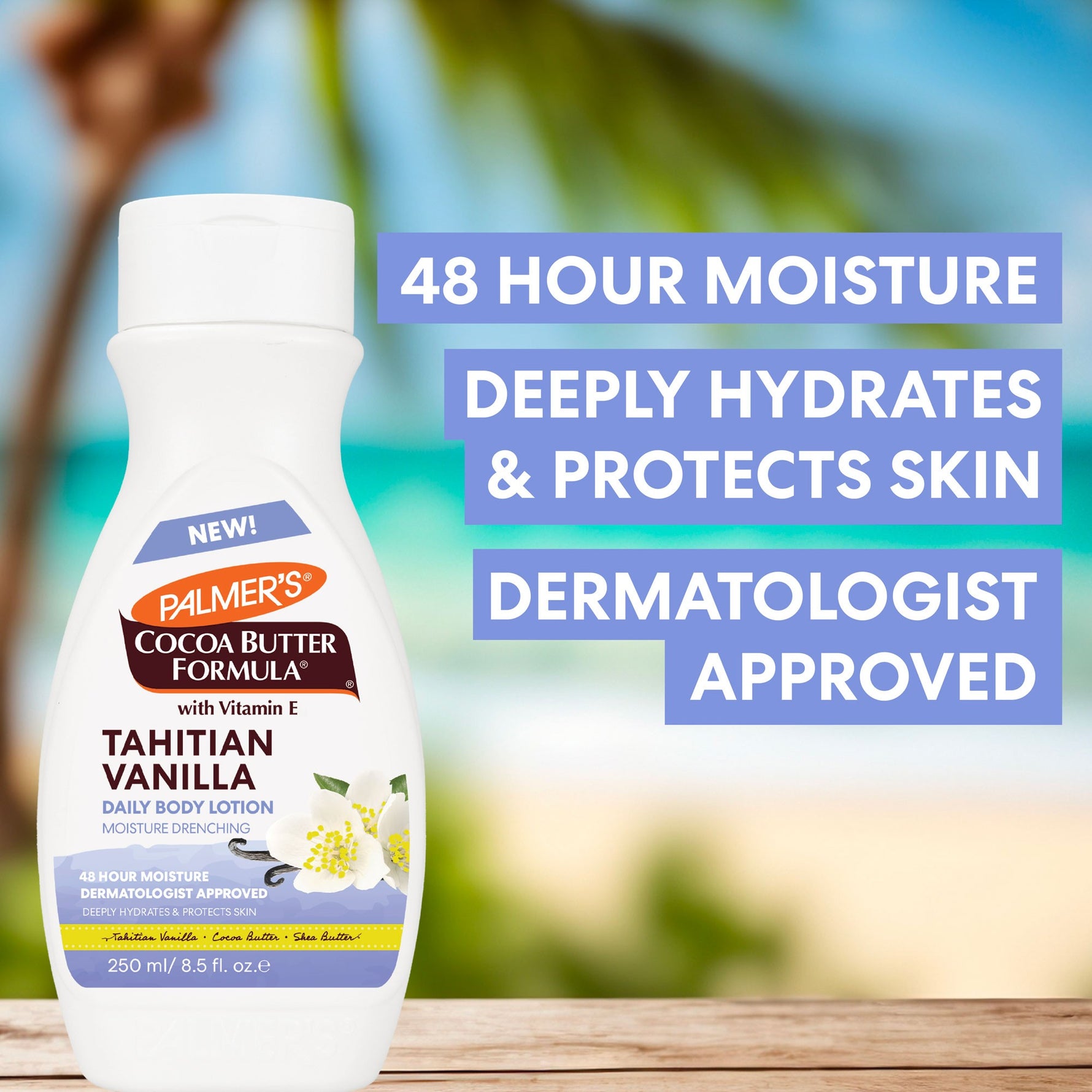 Tahitian Vanilla Moisture Drenching Body Lotion on wooden surface.